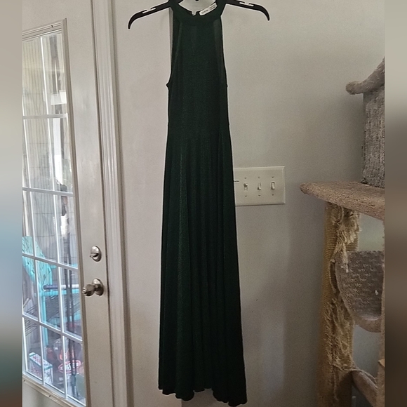 Dark Green glitter halter top maxi dress leg slit & neck button sz. 140 10yr US - Picture 2 of 6